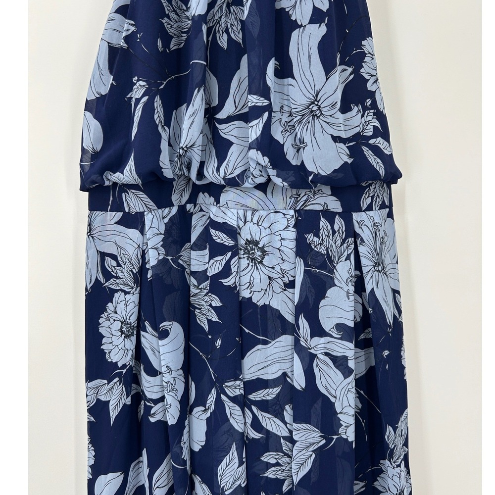 Eliza J Navy Blue Floral Halter Neck Blouson Pleated Chiffon Dress Size 8 - Picture 4 of 7